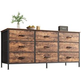 Huuger 9 Drawer Dresser, 47 Inch Dresser TV Stand for 50, 55 Inch TV, Entertainment Center with Drawers, Fabric Dresser Chest of Drawer for Bedroom, Closet, Rustic Brown