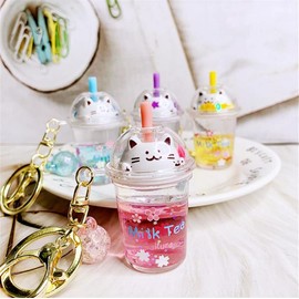 KUPOOL Cute Cat Milk Tea Keychain Simulation Bubble Milk Tea Key Chain Kawaii Transparent Liquid Keyring Car Key/Bag/Key Pendants Accessories DIY Jewelry Craft, Multicolor