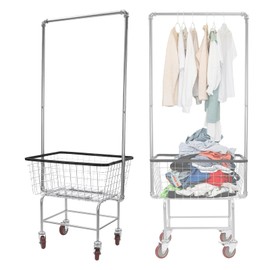 Heavy Duty Wire Laundry Cart w/Double Pole Rack, Commercial Laundry Basket Cart w/Wheels, For Transporting Clothes, Towels, Food