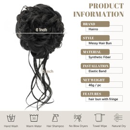 Hairro Messy Bun Hair Piece, #1 Jet Black Messy Hair Bun Scrunchies for Women Tousled Updo Bun Synthetic Wavy Curly Chignon Ponytail Hairpiece