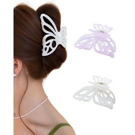 ACECHA 2 Pack Sparkly Hollow Butterfly Banana Clips for Women - 3.6" Nonslip Colorful Butterfly Hair Claw Clips, Lightweight PVC Hairclips for Thin and Thick (Purple & Off-white)