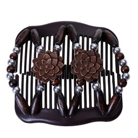LOVEF Women Magic Hair Combs Wood Beaded Stretch Double Side Combs Clips Bun Maker Hair Accessories (Coffee)