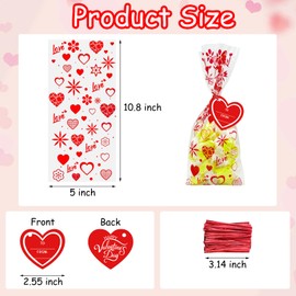 AouEtnay 120 Pieces Valentines Day Cellophane Treat Bags Valentines Candy Bags, 6 Assorted Styles Valentine Treat Bags with Cards Ties for Valentine's Day Party Favor Supplies