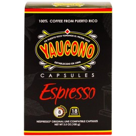 Yaucono Espresso Capsules, Espresso Roast, 100 Percent Coffee from Puerto Rico Compatible with Nespresso Machines, 18 Count (Pack of 1)