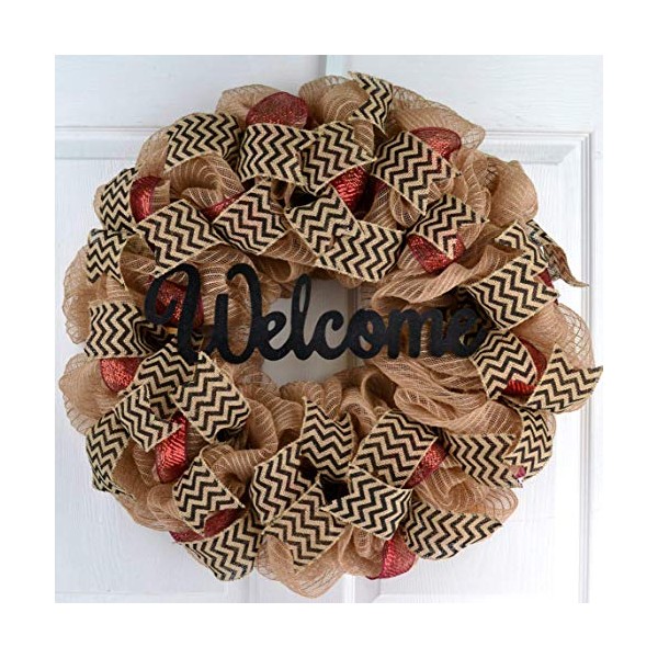 Welcome Wreath | Jute Burlap and Maroon Black Burlap Chevron