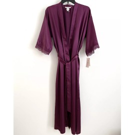 PINK Linea Donatella Woman’s Lace-Trim Long Charmeuse Satin Wrap Robe In Magenta. S/M