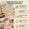 100 Pcs Pink Rose Cocktail Picks, Bamboo Decorative Toothpicks