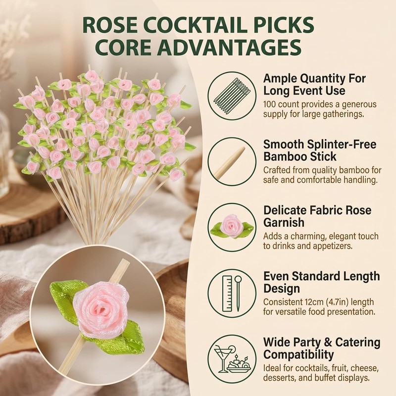 100 Pcs Pink Rose Cocktail Picks, Bamboo Decorative Toothpicks