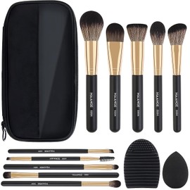 Brochas de Maquillaje Set 10 PCs Profesional Kit de Pinceles de Maquillaje Kabuki Sombra de Ojos Brocha Maquillaje con Esponja de Maquillaje (oro negro)