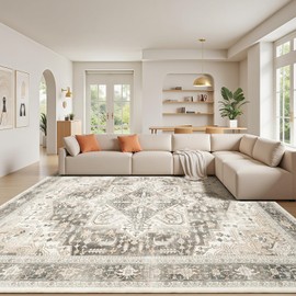 Rugflix 8x10 Area Rugs for Living Room, Machine Washable Rug Non Slip Stain Resistance, Large Rug Vintage Distressed Soft Carpet for Bedroom, Dining Room, Home Office, Beige Grey