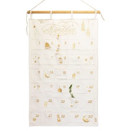 Papierdrachen Ramadan Calendar 2024 as Wall Calendar Made of Fabric for Filling, Beige & Gold, High-Quality Embroidered, Fabric Bag, Cotton, Reusable, Set of 3