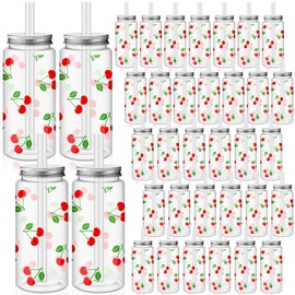 Skylety 36 Pcs Cherry Aesthetic Cups Bulk Cherry Plastic Tumbler with Lids and Straws Reusable Cute Plastic Cups for Mother's Day Girls Friend Sister (420ml, 14.2oz)