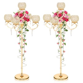 50" Metal Crystal Tealight Candlestick Candle Holder with Pendants - Multi-Height Floor/Table Centerpiece for Home Decor, Wedding & Party Events - Elegant Crystal Bowl Design (Gold-2pcs, 5-Arm)