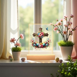 Easter Decorations, Easter Photo Frame for Jesus Decorative Sign, Wooden Base Acrylic Plaque, 7-Color LED Lights, Perfect Table Decor for Home, Picture Frame with He is Risen