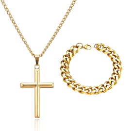 1 x Cross Necklace for Women, Gold Plated Cross Chain, Chain Gold Women, Gold Chain Women for Women, Necklace Women's Gold Cross Pendant Gold Fashion Jewellery Women's Gifts, with Gold Bracelet