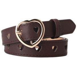 B-HOT Womens Retro Adjustable Heart Hole Belt Ladies Skinny PU Leather Waist Belts with Heart Buckle for Dress Coffee