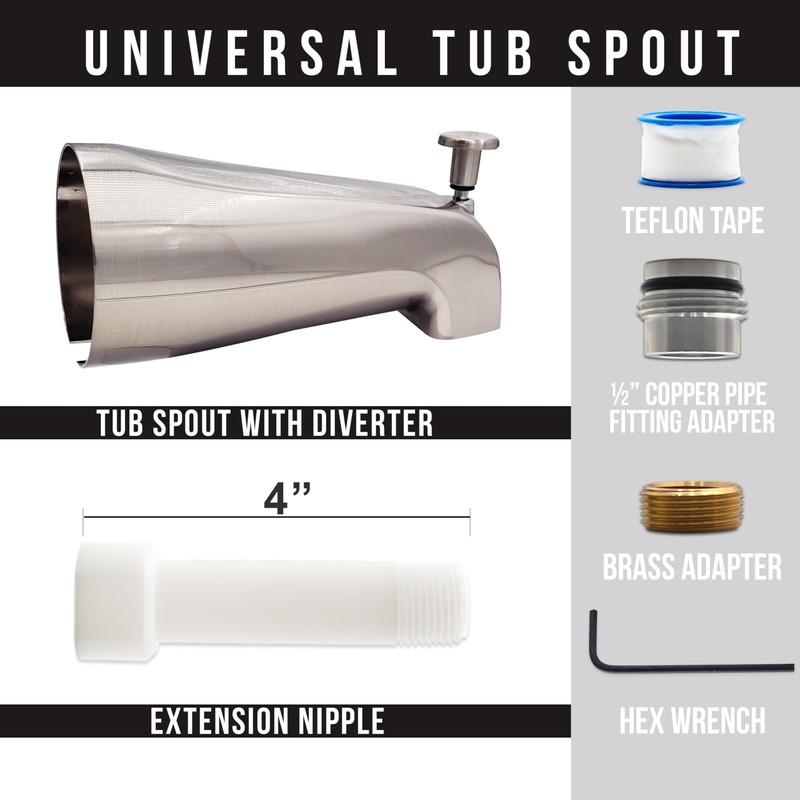 Westbrass E531DUS-07 Universal Fit 5-1/4" Diverter Tub Spout, Zinc, Satin