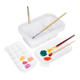CamDesign Paint Brush Organizer Kit - Portable Cleaner & Holder with Lid, 18-Well Palette, Multi-Use Rinse Cup for Acrylic, Watercolor, Water-Based Paints - White Plastic Utility Tray