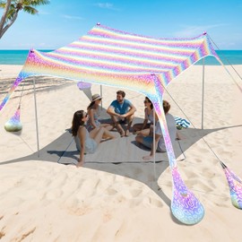 2PM SPORTS Beach Tent Canopy with UPF50+ UV Protection, Outdoor Large Beach Sun Shade Shelter for Family Picnic Camping Travel Shore Fishing, 8 Sandbags, Sand Shovel (Rainbow, 10x10 FT)