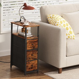 TUTOTAK Narrow End Table with Charging Station, Side Table with Plugins, Tall NightStand with 3 Fabric Drawer, Small Bedside Table with Storage, Set of 2, Living Room, Bedroom, Brown TB01BB073