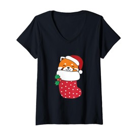 Womens Cute Red Pandas In Christmas Stockings For Christmas Red V-Neck T-Shirt
