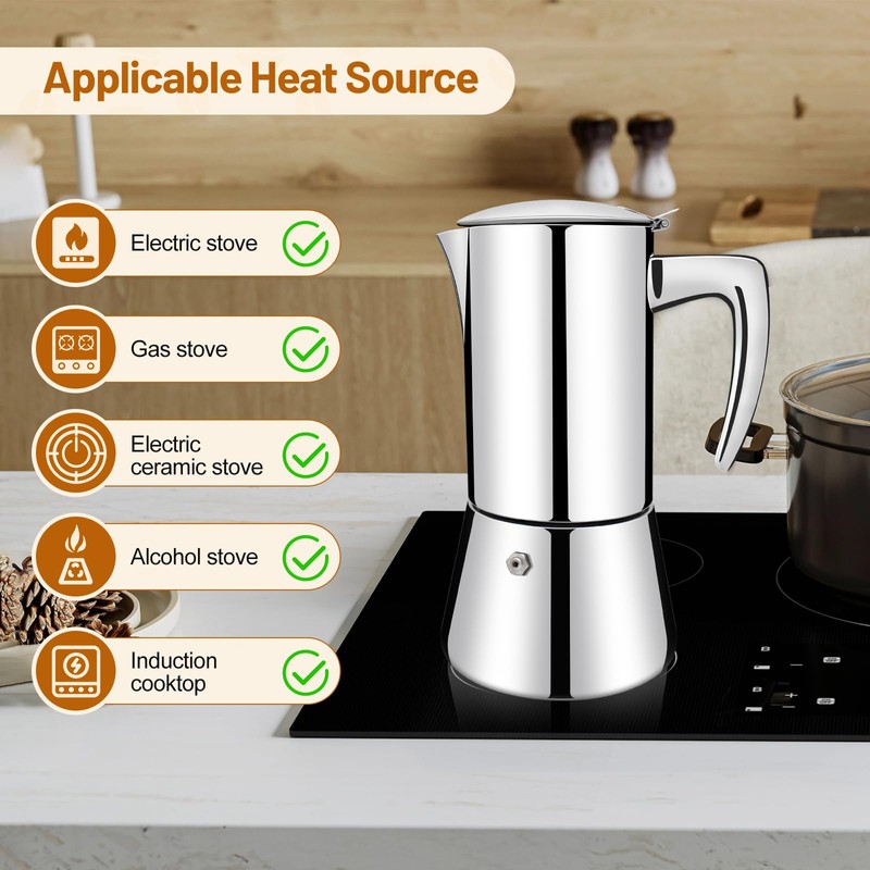 Vaolvpant No Coating 4 Cup Thickened 304 Stainless Steel Moka