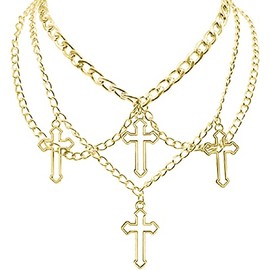 COLORFUL BLING Goth Cross Choker Necklace Gothic Layered Chunky Pendant Necklaces Egirl Silver Plated Long Multilayer Chains 40 inches for Women Teen Girls - Gold
