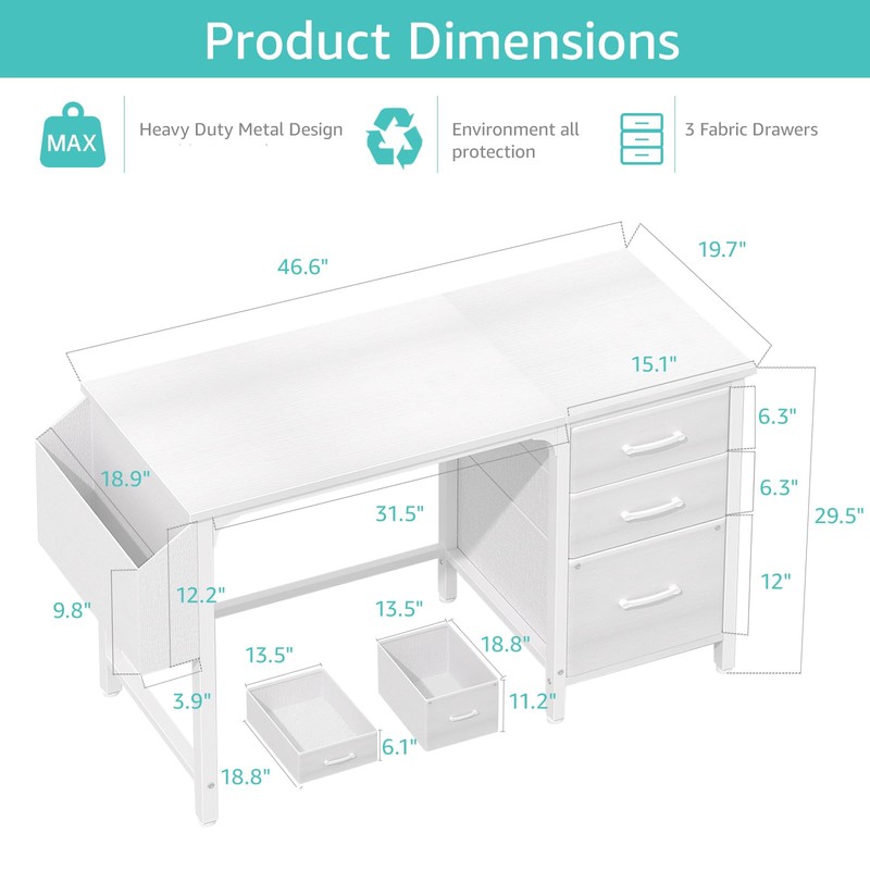 Lufeiya White Desk with Fabric File Drawers Cabinet, 47 Inch