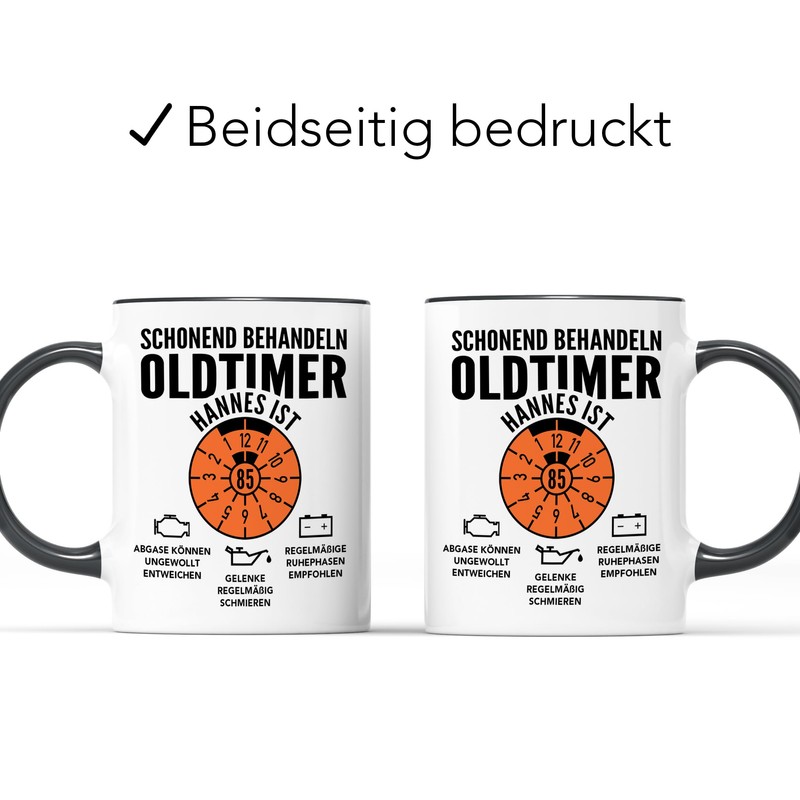 Oldtimer Tasse 85. Geburtstag Mann personalisiert mit Namen Geschenkidee Geschenk