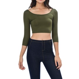 Auliné Collection Womens Trendy Solid Color Basic Scooped Neck and Back Crop Top 3/4 Sleeve Olive Green Large