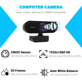 HD Webcam, 1920x1080 30 FPS PC Camera with Microphone, 360° Field of View, Manual Focus, USB Plug Play Laptop Web Camera, for Video, Chat, for Win10/7/Vist/XP/Android/iOS/Linux Laptop, Desktop,