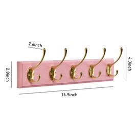 JYL HOME Wall Mount Bamboo Coat Rack, 17 Inch 5 Double Hooks, Pink and Gold