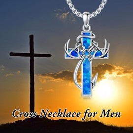 MEIDERBO Cross Necklace for Men Cross Deer Antler Fish Hook Necklace 925 Sterling Silver Hunting Fishing Pendant Blue Opal Cross Jewelry Gifts for Men Husband Brother