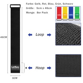 LeKou Elastic Cable Ties with Velcro Fastener 5 cm x 46 cm (Pack of 8) Coloured Elastic Velcro Straps with Buckle - Extensions for Cable, Rope