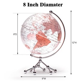 Decorative 8 Inch Pink World Globe with Stand - Pink Desk Globe for Office or Home Decor, Educational Desktop Globe with Detailed Map, Rotating Metal Stand, Perfect for Geography Learning & Gifts