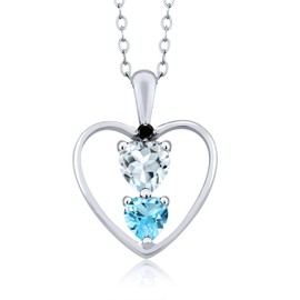 925 Sterling Silver Sky Blue Aquamarine Swiss Blue Topaz and Black Diamond Pendant Necklace For Women (0.75 Cttw, Gemstone March Birthstone, Heart 5MM and 4MM, with 18 Inch Silver Chain)