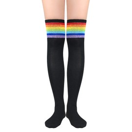 Womens Stripes Thin Tube Socks Athlete Striped Long Socks Over Knee Socks Casual Knee High Stockings Leg Warmers 1 Pair Black Rainbow