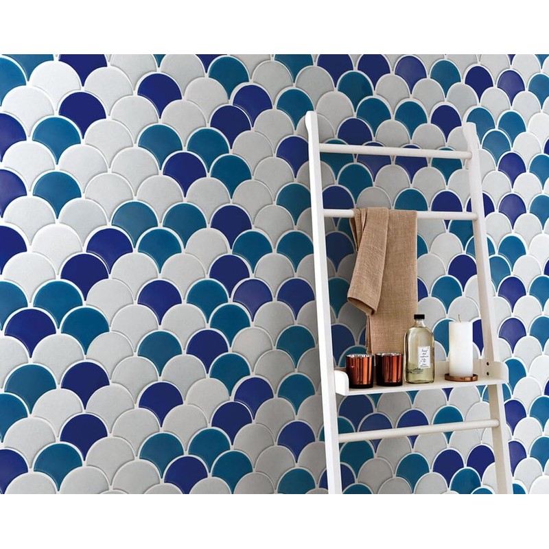 Tenedos Marbella Azul and Bianco Scallop Fishscale Textured Porcelain and