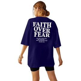 BANGELY Faith Over Fear Shirt Women Graphic Shirts Oversized Workout Gym Christian Religious Tees Drop Shoulder Tee Tops A-Blue