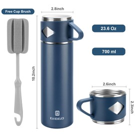 Stainless Steel Thermo 700ml/23.7oz Vacuum Insulated Bottle with Cup for Coffee Hot drink and Cold drink water flask.(Blue,Set)