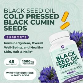 PurePremium Black Seed Oil 500mg - Organic Nigella Sativa Seeds and Cold Pressed Black Cumin Oil Extract - Hair & Skin Supplement for Men and Women - 3 Months Supply - 90 Capsule