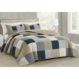 Chezmoi Collection Samuel 2-Piece Navy Blue White Gray Taupe Plaid Square Patchwork Quilt Set - Pre-Washed Cotton Quilted Coverlet - Lightweight Reversible Bedspread for All Seasons, Twin Size