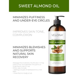 velona Sweet Almond Oil - 16 Fl Oz | 100% Pure and Natural Carrier Oil |Cold Pressed | Skin, Hair, Body & Face Moisturizing | Use Today - Enjoy Results…