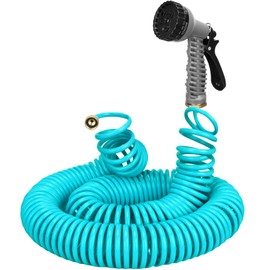 HEYTIMI 50 FT 3/8" Lightweight Coiled Garden Hose EVA Flexible with 7 Function Nozzles and Brass Connectors for Garden Watering Plants Greenhouses Patios Lake Blue