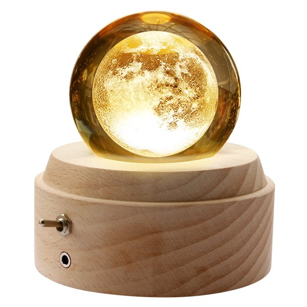 HABOWN Crystal Ball Music Box, 360° Rotating Wooden Music Box with Light, Birthday Gift, Projection Function with Lighting, LED Moon Lamp, Valentine's Day Gift, Anniversary (Moon)