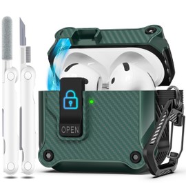 R-fun Compatible with AirPods 4 Case, Compatible with AirPods 4 Gen (2024) (USB-C), Full Protection Automatic Flip Cover and Lock with Cleaning Set and Keyring, TXW Pine Needle Green