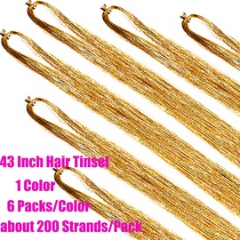 6 Packs 43 Inch Hair Tinsel Extensions with Tools Kit 1200 Strands Tinsel Hair Extensions for Women Girls Heat Resistant Sparkling Shiny Glitter Hair Pieces for Christmas Cosplay Party (43 inch, gold)