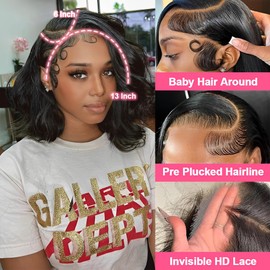 KinMos 200 Density Bob Wig Human Hair 13x6 HD Lace Front Wigs Human Hair Body Wave Lace Frontal Wigs Human Hair Wear and Go Glueless Wigs Human Hair Pre Plucked Short Bob Wigs for Black Women 12 Inch