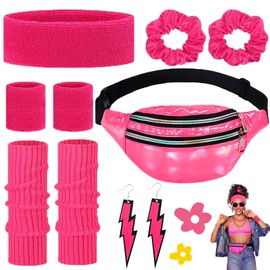 Pack of 6 Neon Party Outfit, 80s Costume Accessories for Women Set, 90s Clothing Accessories, Bum Bag, Leg Warmers, Headband, Bracelet, Earrings, Hair Ring for 80s Theme Parties, Yoga Workouts (Rose