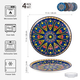 UNICASA Ceramic Dinner Plates 11 Inch, Colorful Large Salad Serving Dishes Microwave & Dishwasher Safe, Set of 4 - Mandala Style